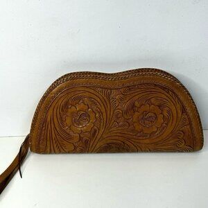 Vintage Clutch Purse Tooled Leather Floral Brown Boho Hipster Western 70s 80s